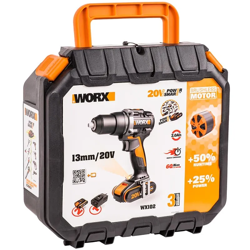 Дрель-шуруповерт WORX WX102 20V аккумуляторная бесщеточная — детальное фото
