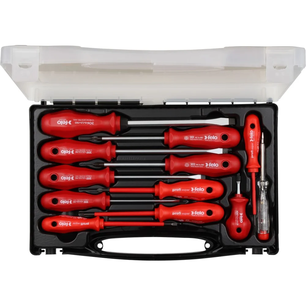 Набор отверток SL/PZ/PH, ударная отвертка, отвертка SL/PH VDE, отвертка тестер сети в кейсе, 12 Felo 20011496 — детальное фото