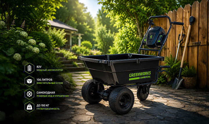 Садовая самоходная тележка Greenworks 82GC 82V 7400607 (106 л) аккумуляторная